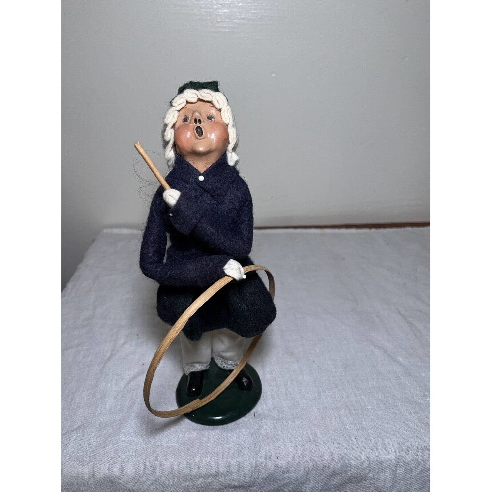 Byers Choice Retired 1989 Girl with Wood Toy Hoop, Blue Plaid Outfit